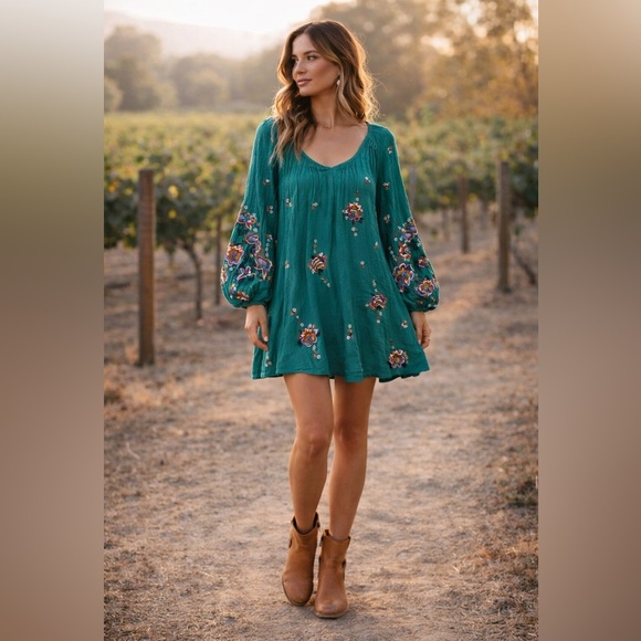 Free People Dresses & Skirts - Embroidered Boho Mini Dress | Romantic Peasant Silhouette · Free People